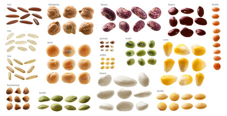 Large set of different cereals on a white background