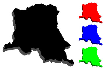 3D map of Democratic Republic of the Congo (DR Congo, DRC, Congo-Kinshasa) - black, red, blue and green - vector illustration