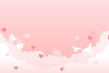 Pink valentine background design with cloud, heart and pigeon. Design for valentine day. Vector illustration.