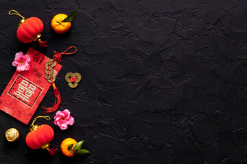 Chinese or lunar new year decorations. Chinese characters on postcard meaning double happiness