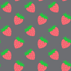 Seamless pattern with red strawberries on grey board. Tasty berry, sweet food illustration. Summer theme. Beautiful print for textile, greeting cards, wrapping paper, decor and design