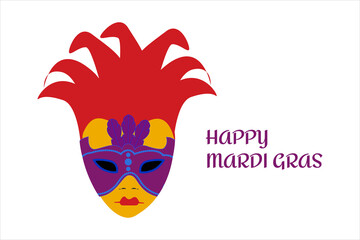 Obraz premium mardi gras carnival party design with cartoon colorful mask with feathers . Fat tuesday, carnival, festival. Vector isolated on white background. For greeting card, banner, gift packaging, poster. 