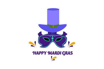 mardi gras carnival party design with cartoon colorful mask with hat . Fat tuesday, carnival, festival. Vector isolated on white background. For greeting card, banner, gift packaging, poster. 
