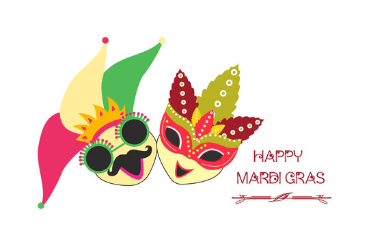greetings to mardi gras party. comedy funny cartoon masks holiday mardi gras fatty Tuesday , carnival, festival. Vector isolated on white background. For greeting card, banner, gift packaging, poster.