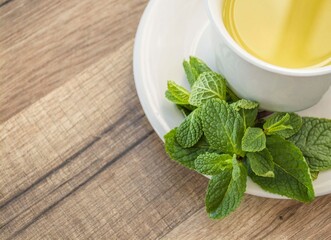A cup of fresh hot mint green tea on a saucer leaves and sprigs of mint on a wooden table