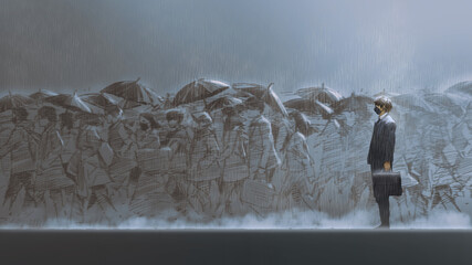 un homme debout sous la pluie parmi des personnes tenant des parapluies traverse la rue, style art numérique, peinture d& 39 illustration