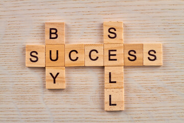 Basic economy terms. Buy and sell for success in business. Top view of wooden blocks on the desk.