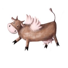 cute flying cow with wings, funny card and t-shirt design, watercolor style