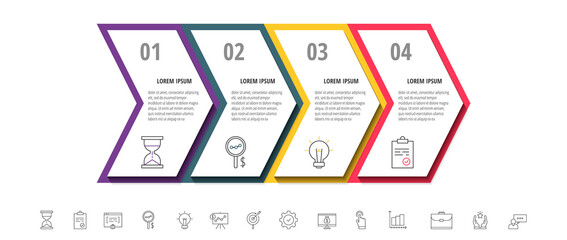 Infographics arrows with four steps, icons. Vector template. Can be used for diagram, business, web, banner, workflow layout, presentations, info graph, timeline, content, processes diagram