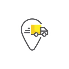Express delivery service line icon. linear style sign for mobile concept and web design. Location pin with delivery truck outline vector icon. Symbol, logo illustration. Vector graphics