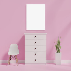 Frame mockup pink interior kids room 3d render