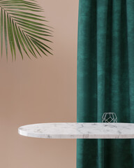 Marble table top with green velvet curtain tropical background for product placement 3d render 