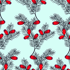 Seamless pattern Yew berry branch. Vector stock illustration eps10.