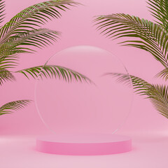 Fototapeta na wymiar Glass podium stand on a tropical pink background 3d render 