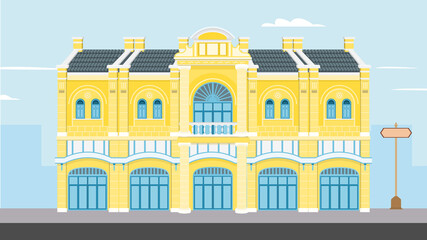 Thai Vintage building vector illustration.Goverment buildings on street flat design.Old historic building in Bangkok.Classic house on raod with city background