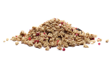 Red fruits cereal mix, fruity and crunchy muesli with dried raspberry, strawberry, cherry chunks isolated on white background 