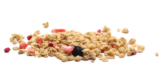 Red fruits cereal mix, fruity and crunchy muesli with dried raspberry, strawberry, cherry chunks...
