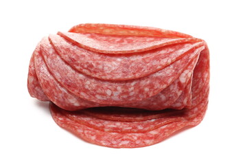 Salami slices for sandwich isolated on white background, round fermented red meat pieces