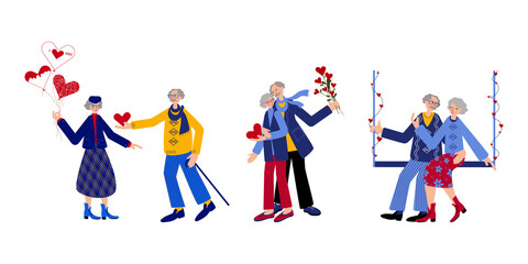Naklejka premium Senoirs' couple love and care about each other. Old man and woman are hugging, gifting presents, swinging and are happy being together. Cute postcard on the Valentine's day.