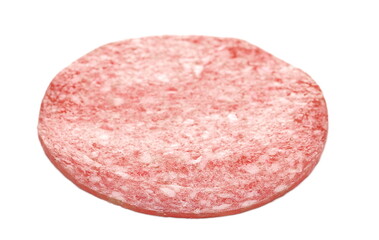 Salami slice for sandwich isolated on white background, round fermented red meat pieces