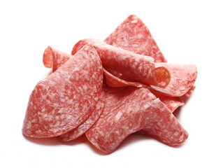 Salami slices for sandwich isolated on white background, round fermented red meat pieces