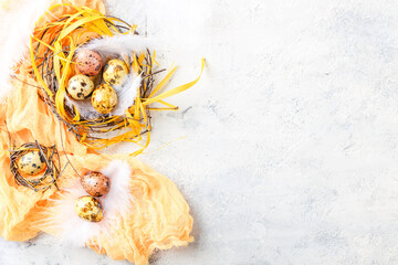 Colored yellow and brown Easter quail eggs with feathers in small nests. Shallow depth of field. Top view. Space for text.