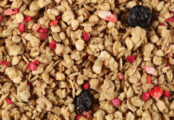 Dried red fruits cereal mix, fruity and crunchy muesli with raspberry, strawberry, cherry chunks background and texture