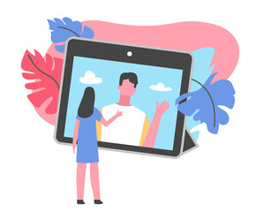 Online communication, woman waving to man in device screen. Flat design illustration. Vector