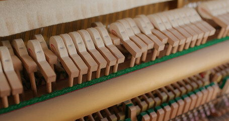 Piano hammers hit the strings