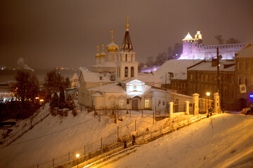 Nizhny Novgorod, Russia. January 5, 2021: View of the Church of Elijah the Prophet and the Kremlin in Nizhny Novgorod on a winter evening, Russia.