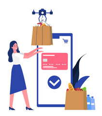 Woman taking delivery package from drone. Flat design illustration. Vector