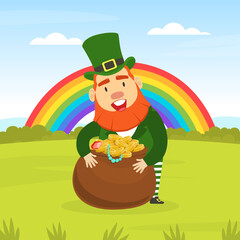 Obraz na płótnie Canvas Beautiful Summer Landscape with Leprechaun, Pot of Gold Coins and Rainbow, St. Patricks Day, Traditional Irish Folklore National Character Cartoon Vector Illustration