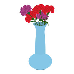a bouquet of red and purple flowers in a blue vase, carnations