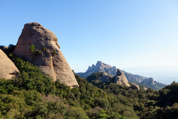  Montserrat jagged multi peaked mountain in Catalonia Spain . Spectacular scenery with mountains 