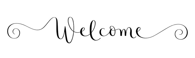 Fototapeta na wymiar WELCOME black vector brush calligraphy banner with spiral swashes