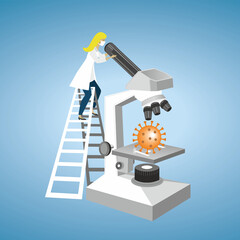 Scientist examine corona virus in microscope. Vector illustration. EPS10.