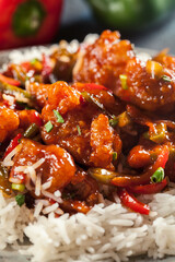 Sweet and sour chicken with colorful bell pepper with rice