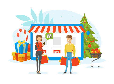 Christmas and Happy New Year Online Shopping, People Bying for Gifts on Internet Sale Cartoon Vector Illustration