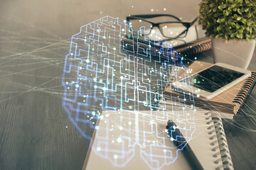 Double exposure of brain theme drawing and cell phone background. Concept of information