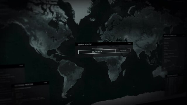 Computer screen close-up. Loading user interface. Searching for the best place to deploy defense troops. Scanning the world&rsquo;s military bases. Initializing the protocol in Riyadh, Near East.