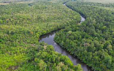 Beautiful natural scenery of river in southeast Asia tropical green forest with mountains in background, aerial view drone shot