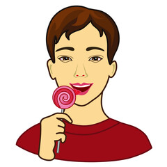 emoji with cool happy man with protruding tongue holds a lollipop, color vector emoticon on white isolated background