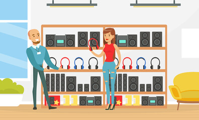 Young Man Choosing and Buying Headphones at Shopping Mall, Girl Shop Assistant Helping Him, Modern Electronics Store Interior Vector Illustration