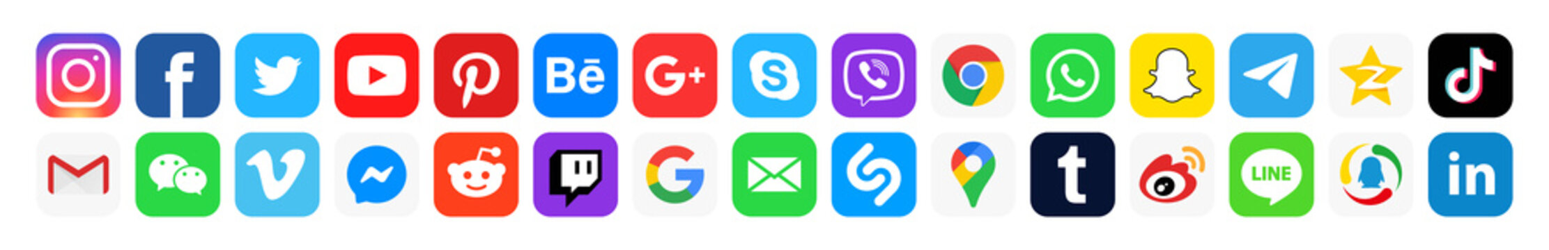 Social media icons. Facebook, instagram, tiktok, twitter, youtube, messenger, gmail, twitch, shazam, pinterest, behance, google, whatsap, maps. Editorial vector. Vinnitsa, Ukraine - Janua 19, 2021