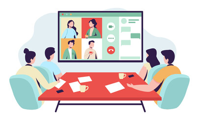Office workers at the video conference with coffee. Flat design illustration. Vector