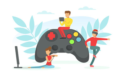 Tiny People Gamers Playing Video Games Using Play Station Console and VR Glasses, Cybersport, Gaming Addiction, Entertainment Concept Flat Vector Illustration