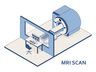 MRI or Magnetic resonance imaging scan device. Medical equipment and health care. Interior of Radiography Department with MRI scanner in hospital