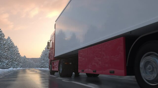 Semi-trailer truck passes the camera while driving along a countryside road through a snowy winter landscape. Logistics concept. Realistic high quality 3d animation.