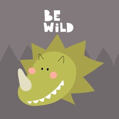 cartoon dinosaur, hand drawing lettering. colorful vector illustration for kids, flat style. baby design for cards, print, posters, logo, cover