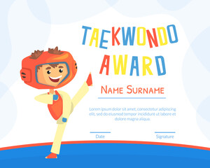 Taekwondo Sports Award Certificate with Cute Happy Boy and Space for Text, Colorful Kids Diploma Template Vector Illustration